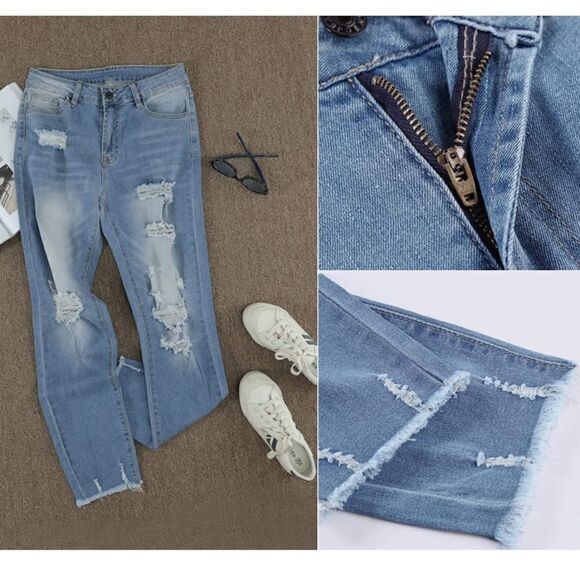 GOSOPIN Distressed Raw Hem Boyfriend Straight Leg Jeans - Picture 5 of 9